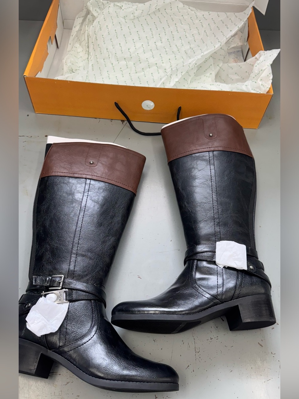 Unisa Black Leather Two Tone Style Boots with Silver Buckle Detail wide leg 8.5 - Picture 2 of 12